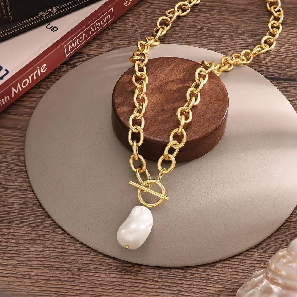 14K Gold  pearl-gd Plated Chunky Layered Necklace | Paperclip Herringbone Chain - Picture 6 of 7